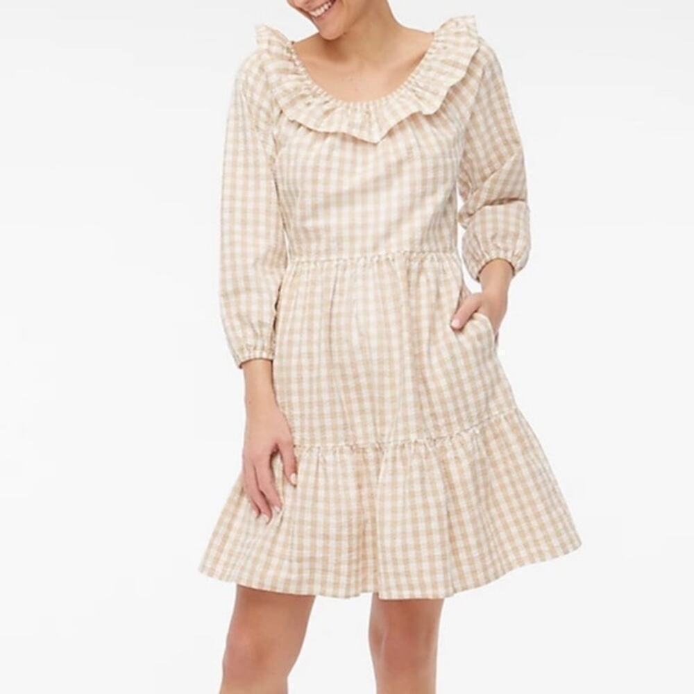J.Crew Women's Seersucker Ruffleneck Mini Dress BP802 Khaki Size 2